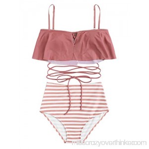 SweatyRocks Women's Bikini Set High Waist Polka Dot Bottom Falbala Flounce Halter Top Swimsuit Bathing Suit Pink Stripe B07M5TDY3S